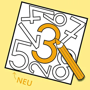 Das Bild zeigt ein Arbeitsblatt für Vorschulkinder, mit dem sie Zahlen und Ziffern suchen, kennenlernen  und dann ausmalen.  