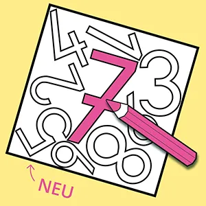 Das Bild zeigt ein Arbeitsblatt für Vorschulkinder, mit dem sie Zahlen und Ziffern suchen, kennenlernen  und dann ausmalen.  