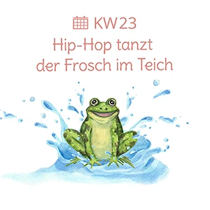 Das Bild zeigt einen illustrierten Frosch, mit dem ein Wochenplan für den Kindergarten und die Kita vorgestellt wird.
