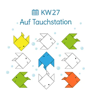 Das Bild zeigt viele bunte Faltfische, die Kinder im Kindergarten falten können.